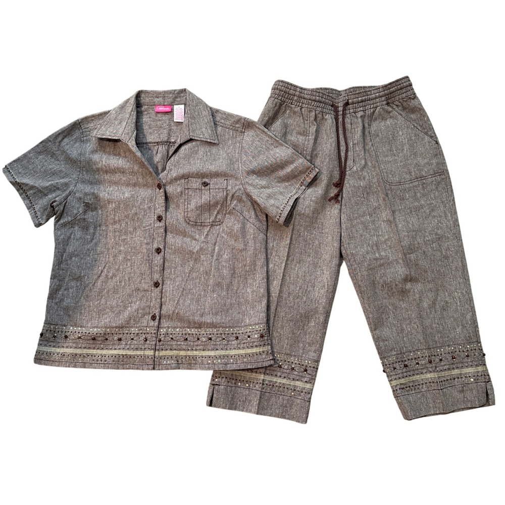 Appagallo‎ Linen Blend Set Embellished Details Brown Crop Pants Blouse Medium